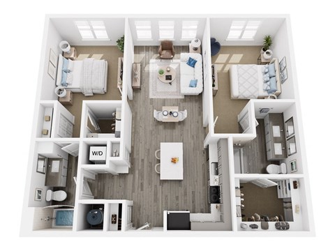 A top-down view of a well-organized apartment with a kitchen, living room, and bedrooms.